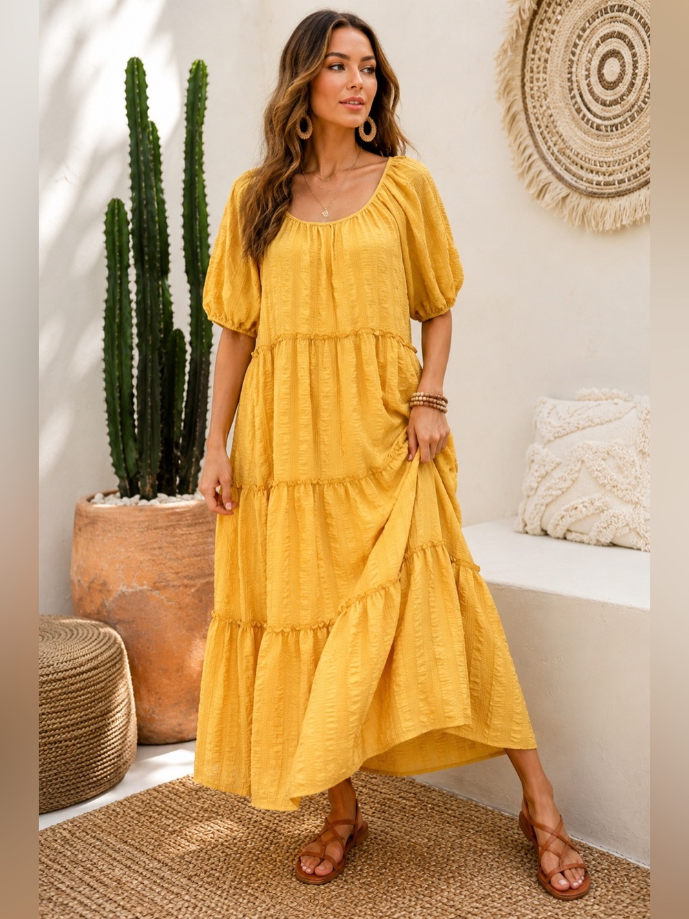 Entro Mustard Yellow Textured Tiered Maxi Dress Puff Sleeve Boho Size Large